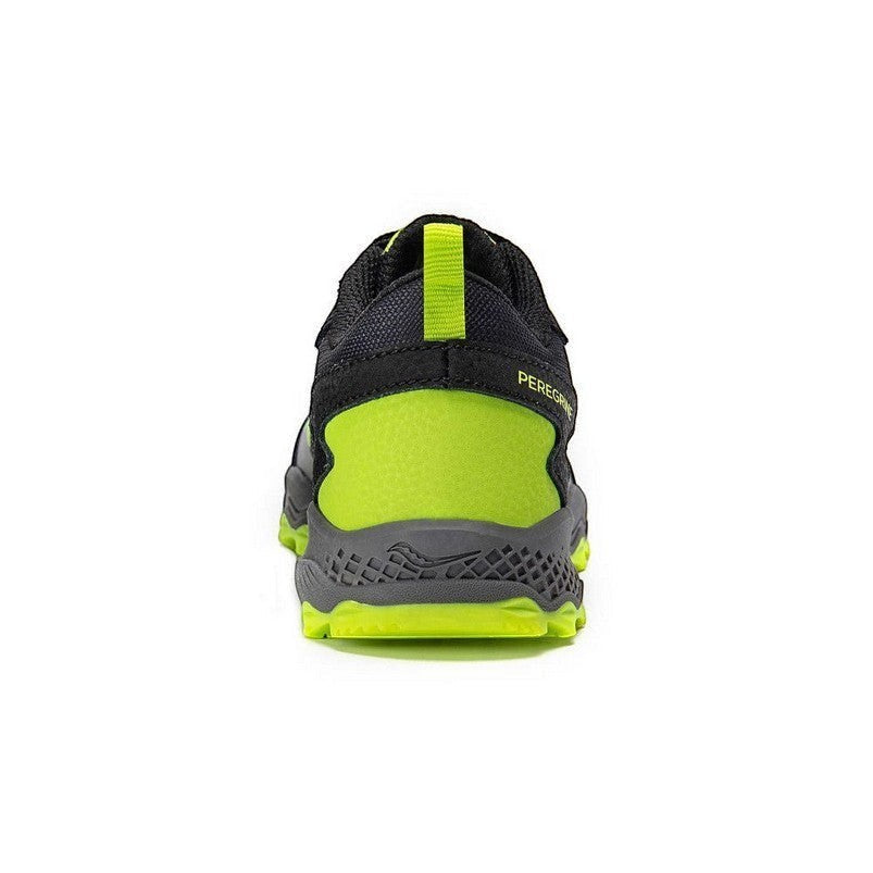 Allen's Bootery black and lime green Saucony Peregrine KDZ trail running shoes with reinforced toe and aggressive tread.