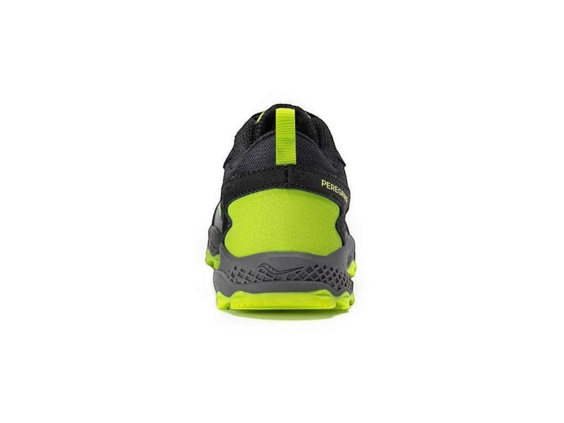 Allen's Bootery black and lime green Saucony Peregrine KDZ trail running shoes with reinforced toe and aggressive tread.