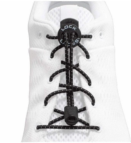 Allen's Bootery black Lock Laces no-tie shoelaces with adjustable locking device on a white sneaker