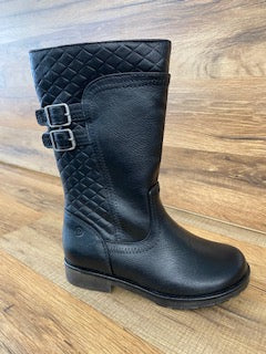 Allen's Bootery black tall riding boot for girls featuring a quilted shaft, side buckles, and a side zipper.