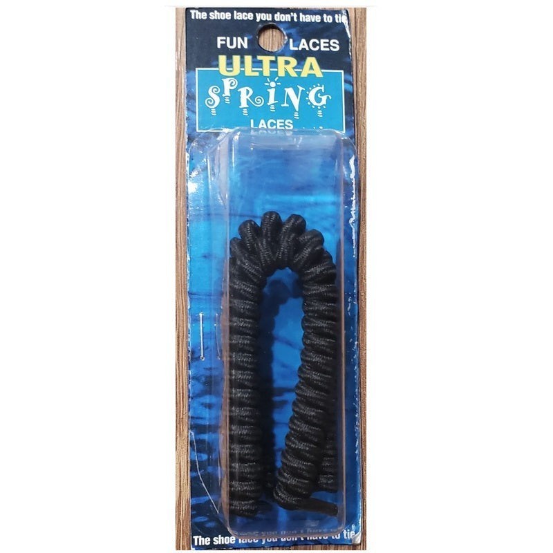 Allen's Bootery black Ultra Spring no-tie coiled shoe laces in retail packaging