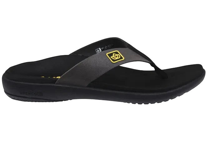 Allen's Bootery Yumi Pure black synthetic suede flip-flops with memory foam footbed and arch support.