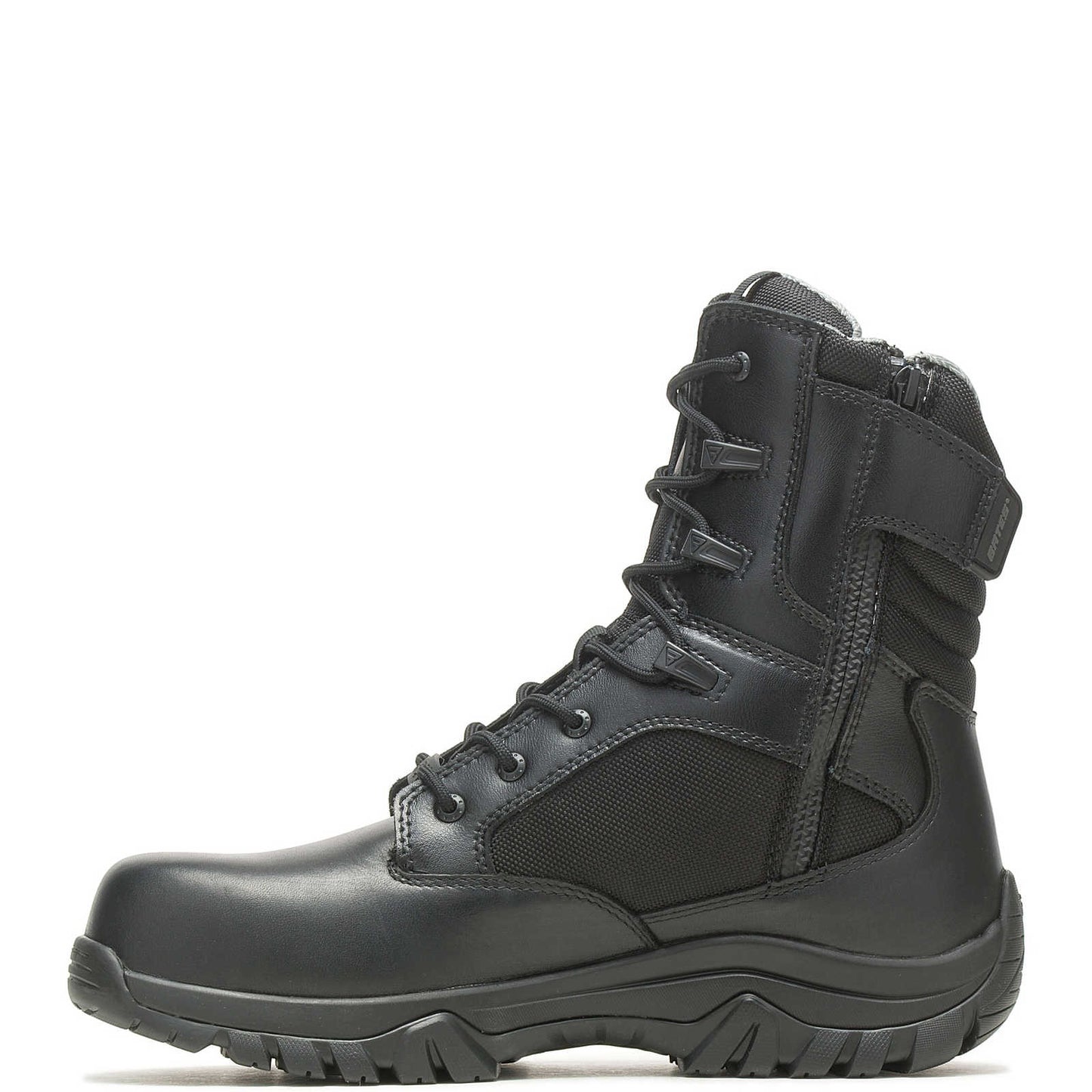 Allen's Bootery Bates GX X2 black waterproof tactical boot with side zip, carbon nano toe, and rugged rubber outsole.