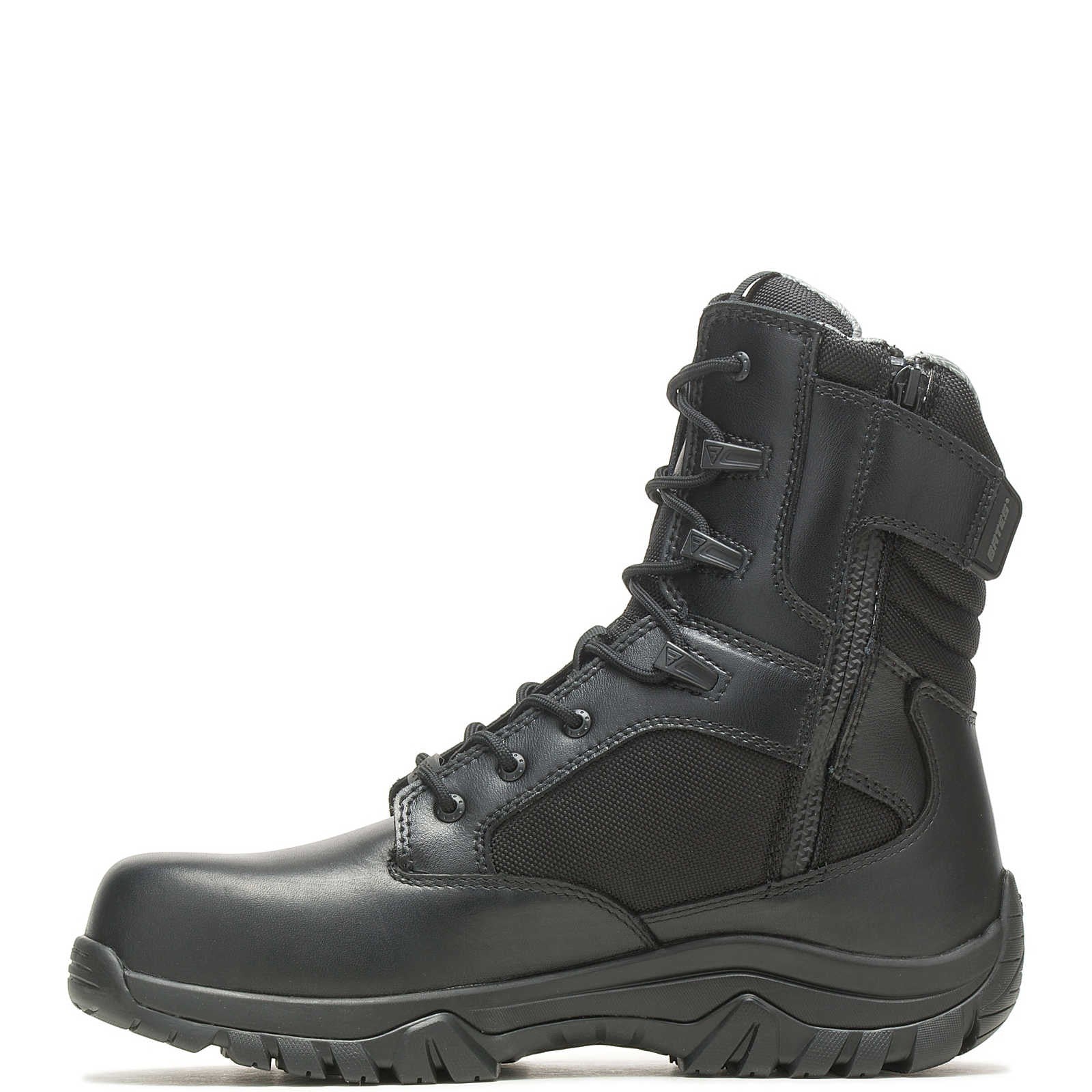 Allen's Bootery Bates GX X2 black waterproof tactical boot with side zip, carbon nano toe, and rugged rubber outsole.