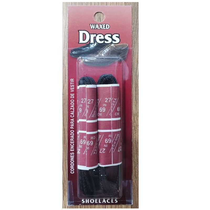 Allen's Bootery black waxed dress shoelaces in retail packaging, 27 inch length, designed for formal footwear.