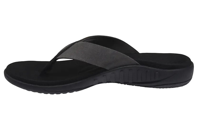 Allen's Bootery Yumi Pure black synthetic suede flip-flops with memory foam footbed and arch support.