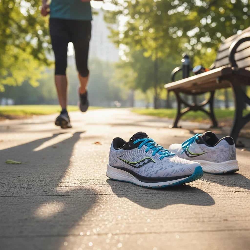 Allen's Bootery Big Kid's Guide running shoes in blue and black mesh with lace closure, sitting on a park path.