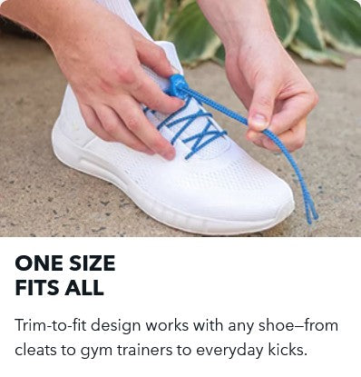 Allen's Bootery LOCK LACES blue elastic no-tie shoelaces being adjusted on a white sneaker
