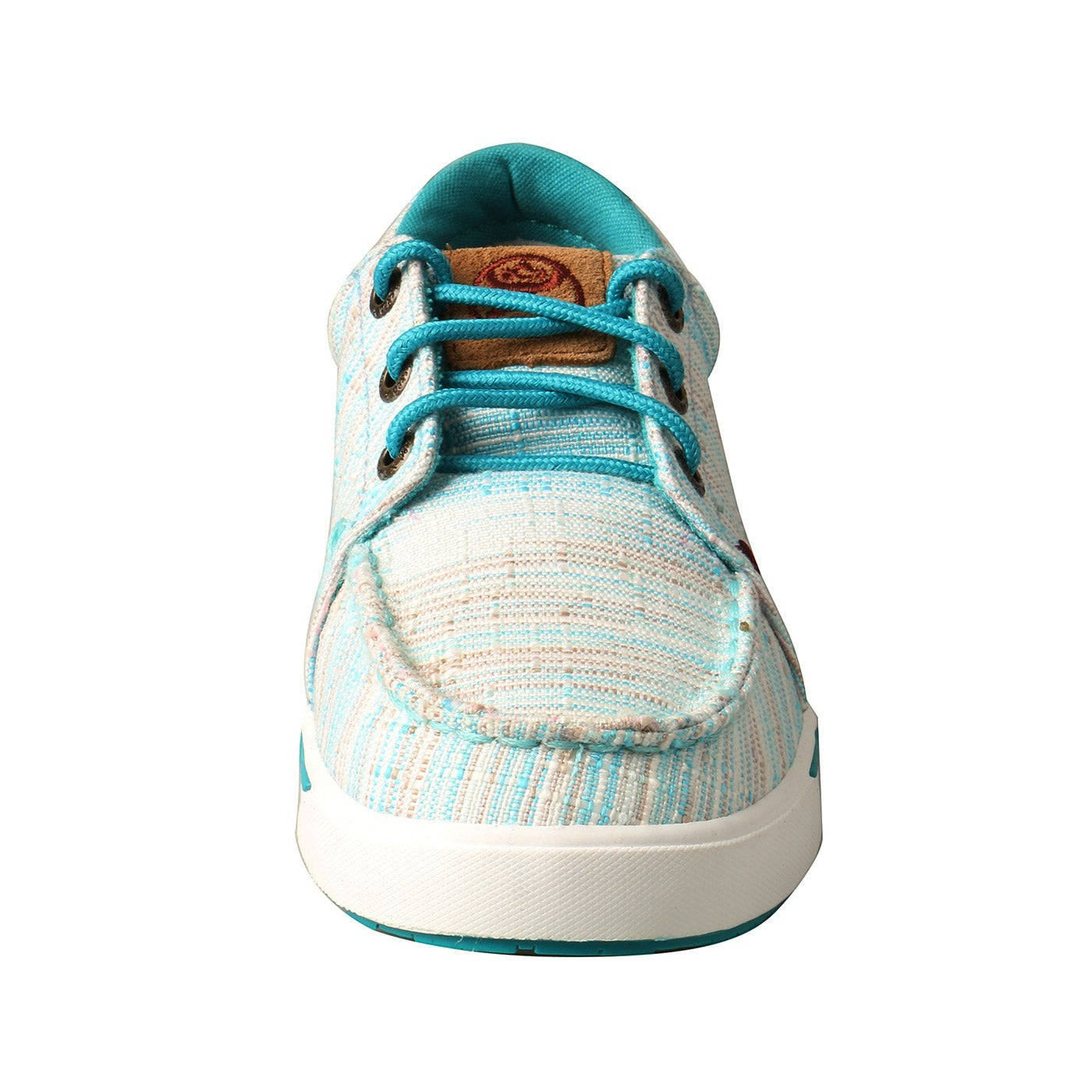 Allen's Bootery kid's Hooey Loper shoes in blue and multi-colored woven fabric with bright turquoise laces.