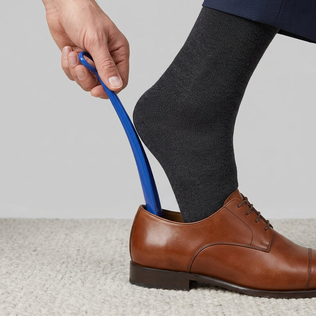 Allen's Bootery 24-inch blue plastic shoe horn being used to slide a foot into a brown leather dress shoe
