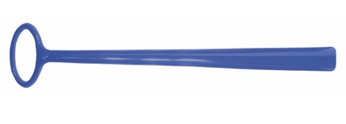 Allen's Bootery 24-inch blue plastic shoe horn with an easy-grip oval handle for standing use.