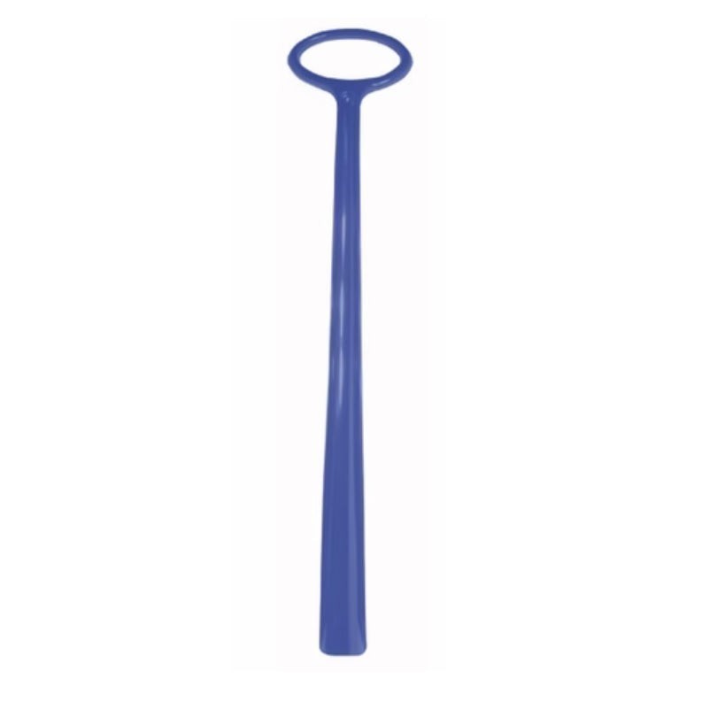 Allen's Bootery 24-inch blue plastic shoe horn with an easy-grip oval handle for standing use.