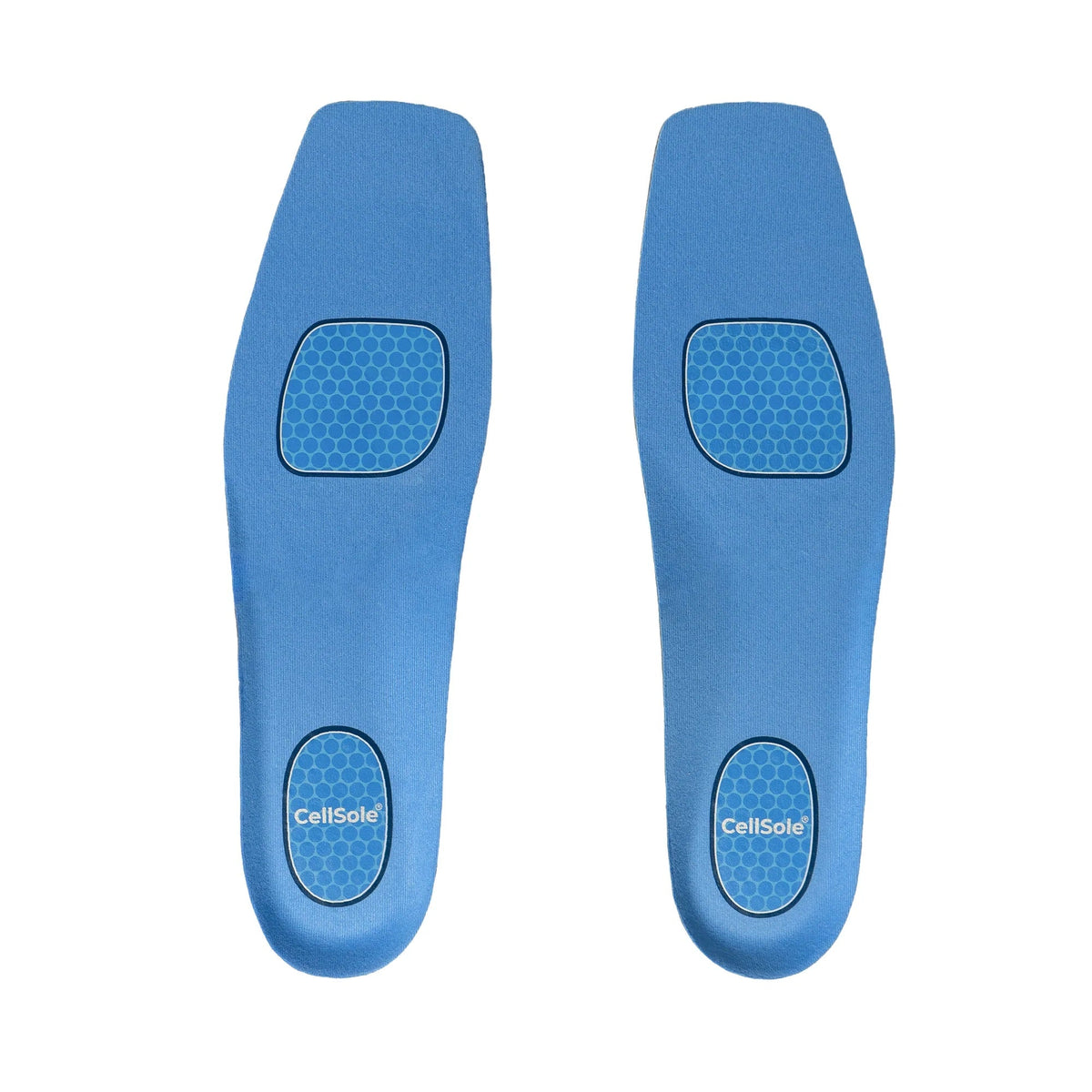 Allen's Bootery blue CellSole square toe insoles featuring pressure-activated comfort technology for shoe support.