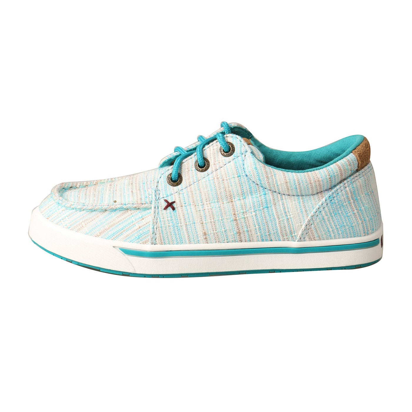 Allen's Bootery kid's Hooey Loper casual shoe in blue and white striped fabric with teal laces and rubber sole