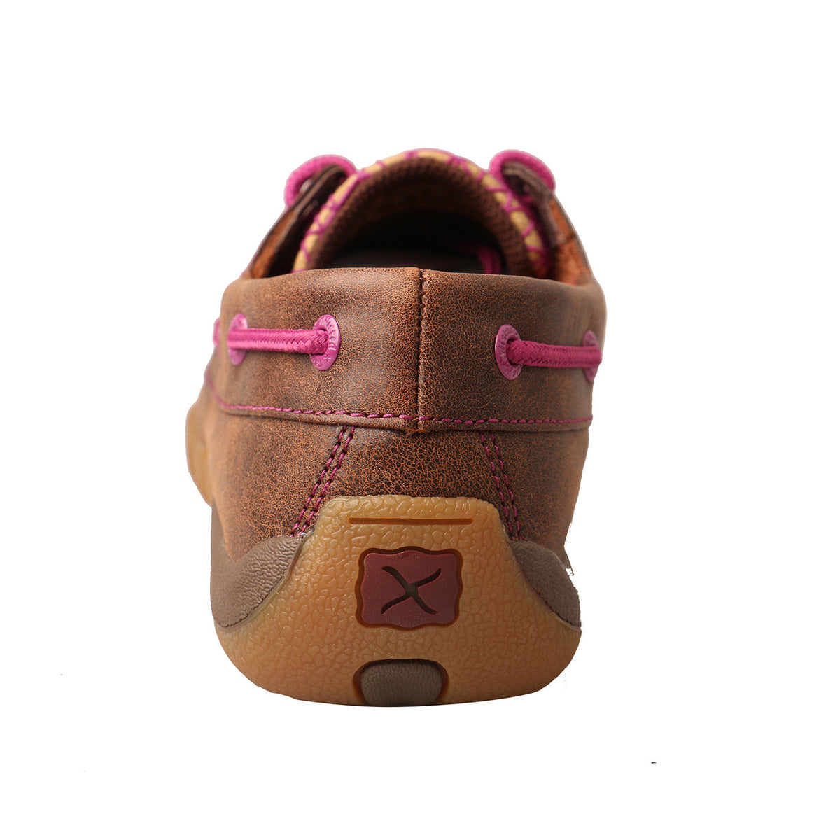 Allen's Bootery WDM0066 driving moc in bomber brown leather with purple laces and rubber heel guard