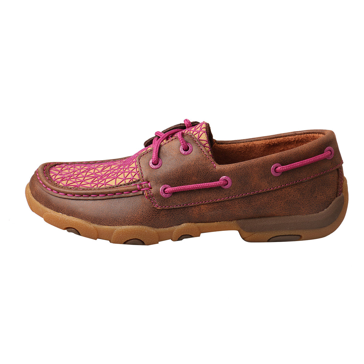 Allen's Bootery WDM0066 driving moccasin in bomber brown leather with purple geometric patterned fabric accents
