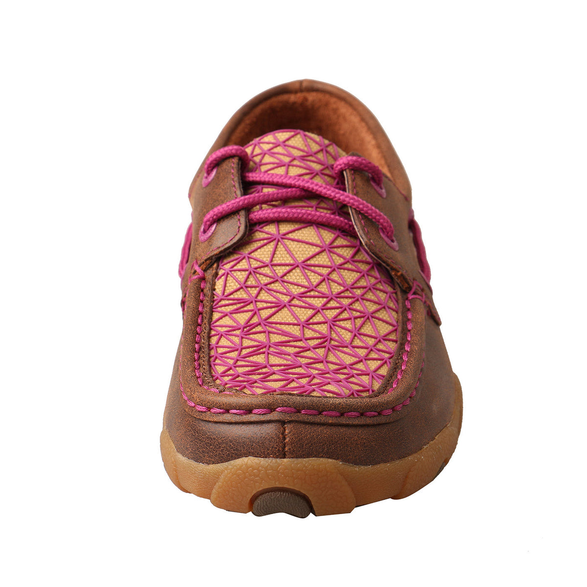 Allen's Bootery driving moc in bomber brown leather and purple geometric fabric with matching purple laces.
