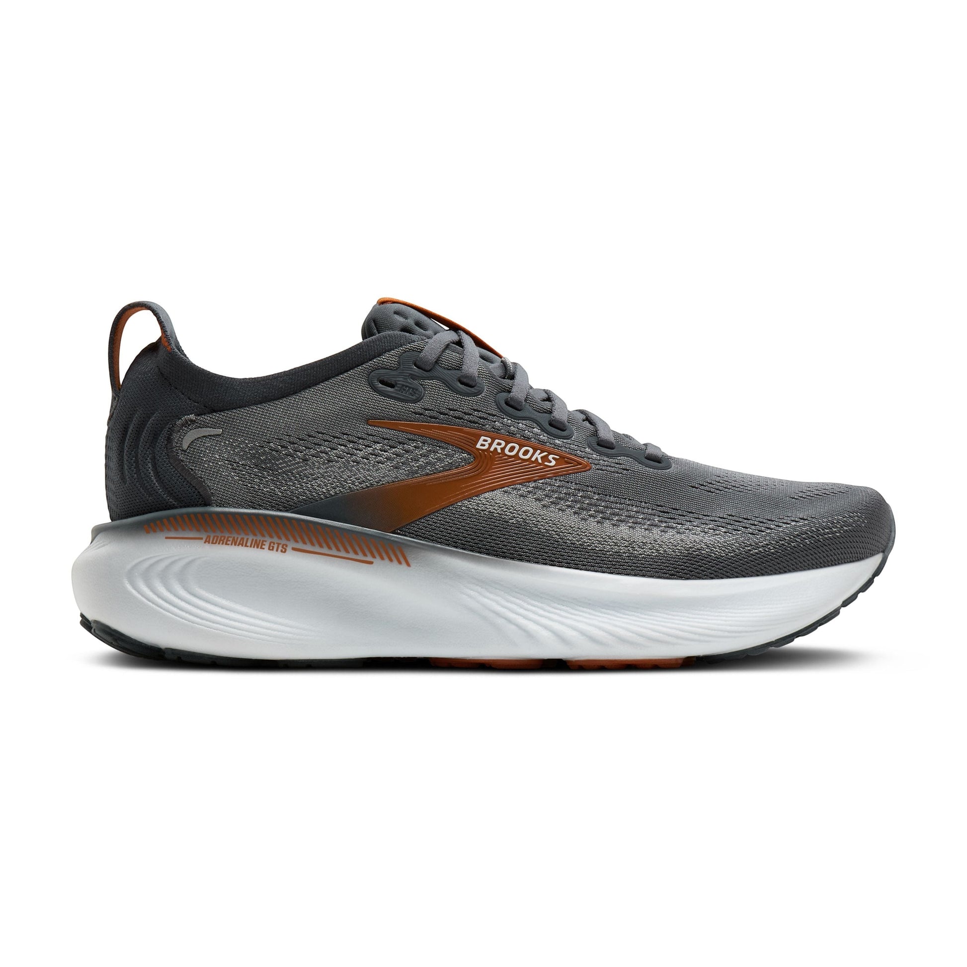 Allen's Bootery Brooks Adrenaline 25 running shoe in turbulence grey and bombay brown with a thick white cushioned sole.