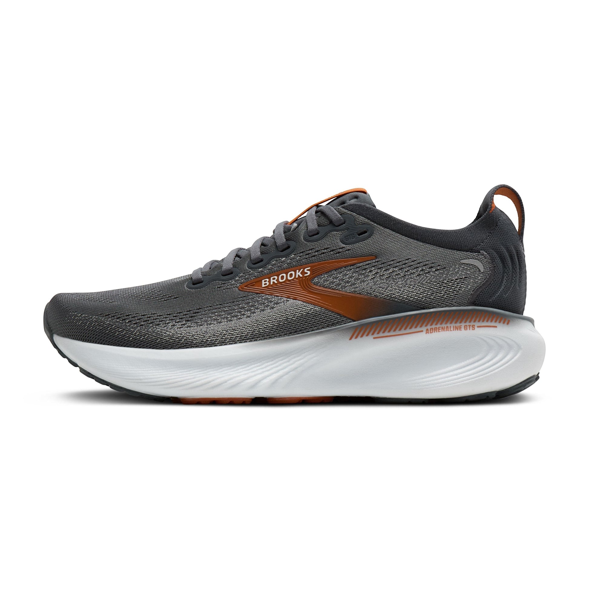 Allen's Bootery Brooks Adrenaline 25 men's running shoe in turbulence grey and brown with supportive white midsole