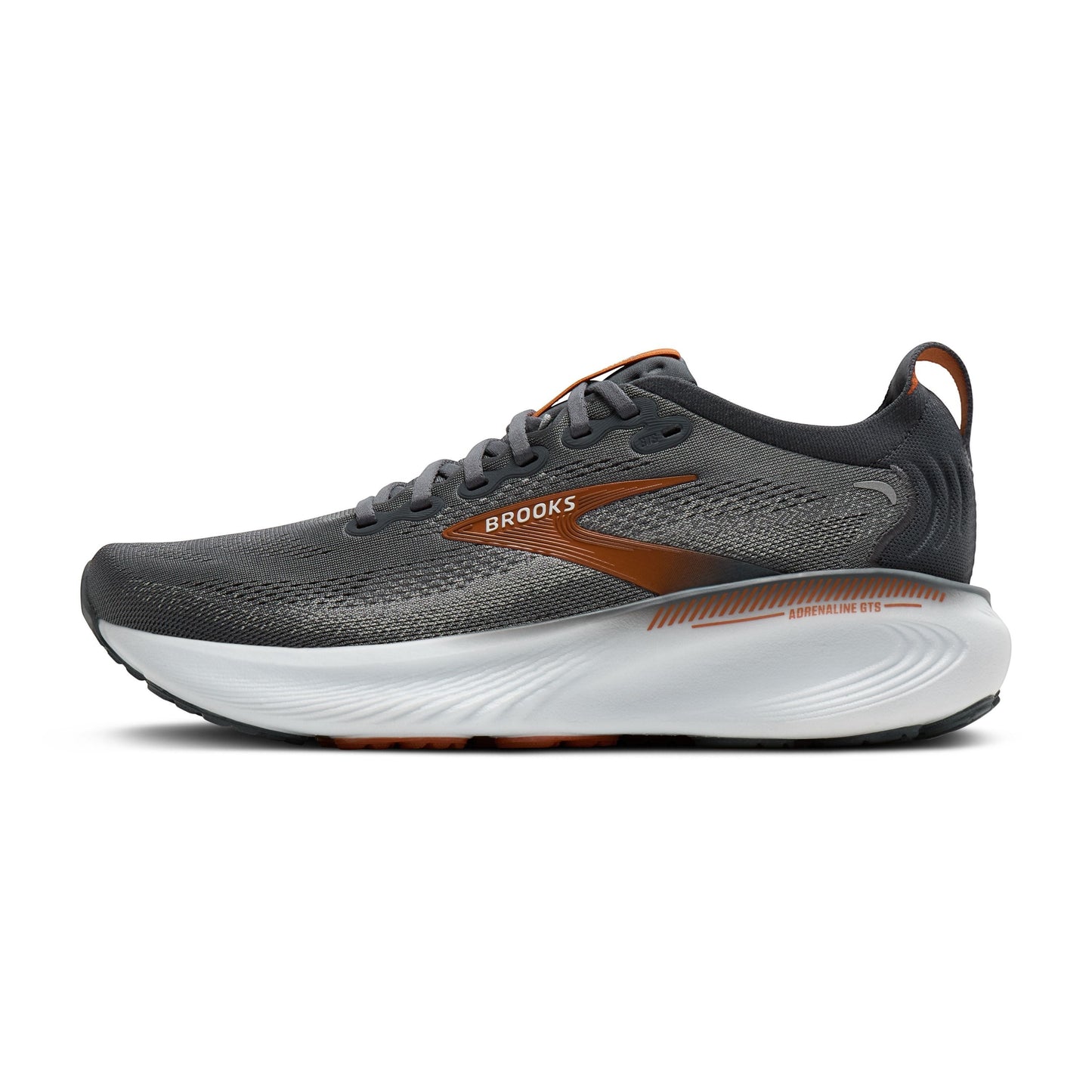 Allen's Bootery Brooks Adrenaline 25 men's running shoe in turbulence grey and brown with supportive white midsole
