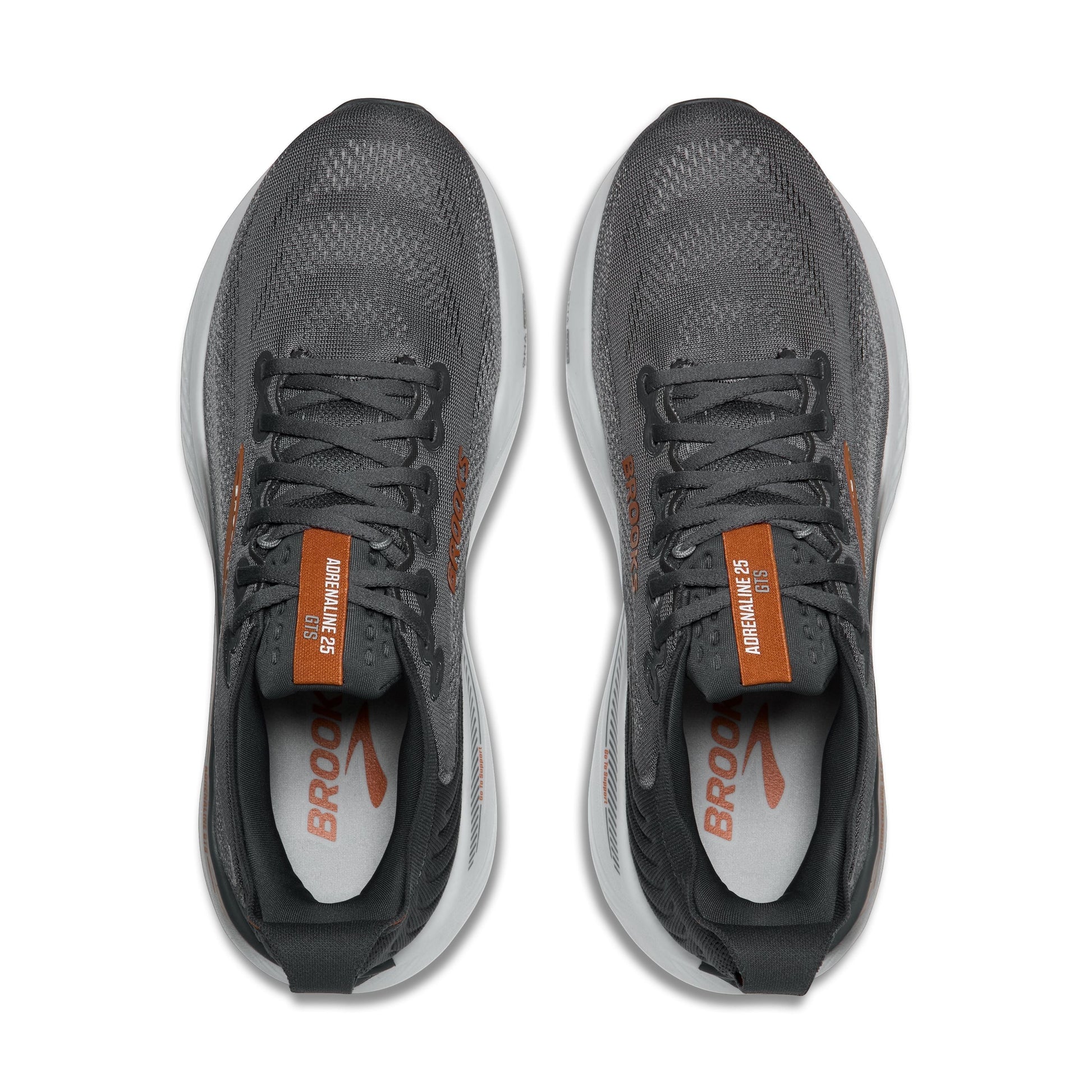 Allen's Bootery Brooks Adrenaline 25 men's running shoes in turbulence grey and brown, top-down view.