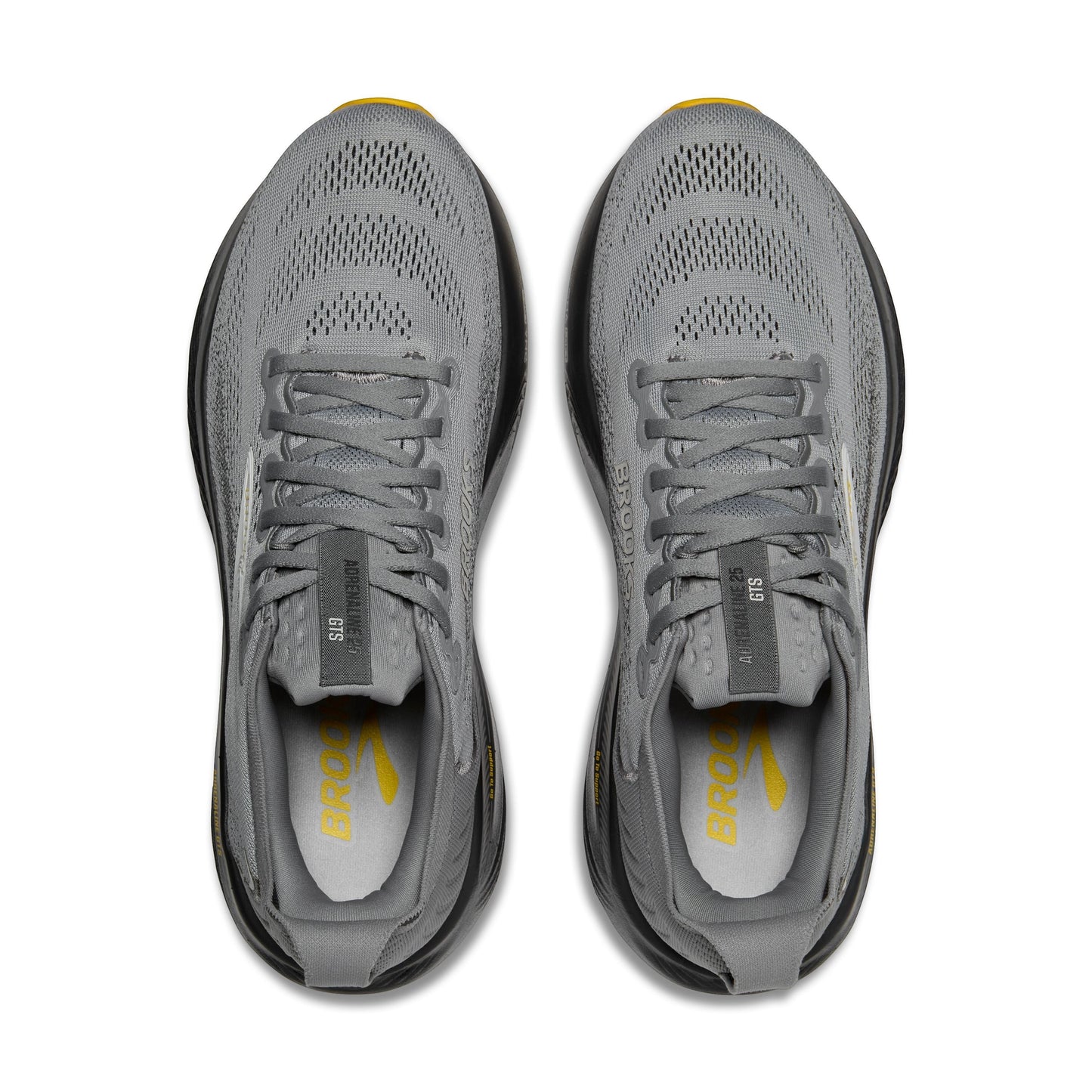 Allen's Bootery Brooks Adrenaline 25 running shoes in primer grey and ebony with yellow accents, top-down view.