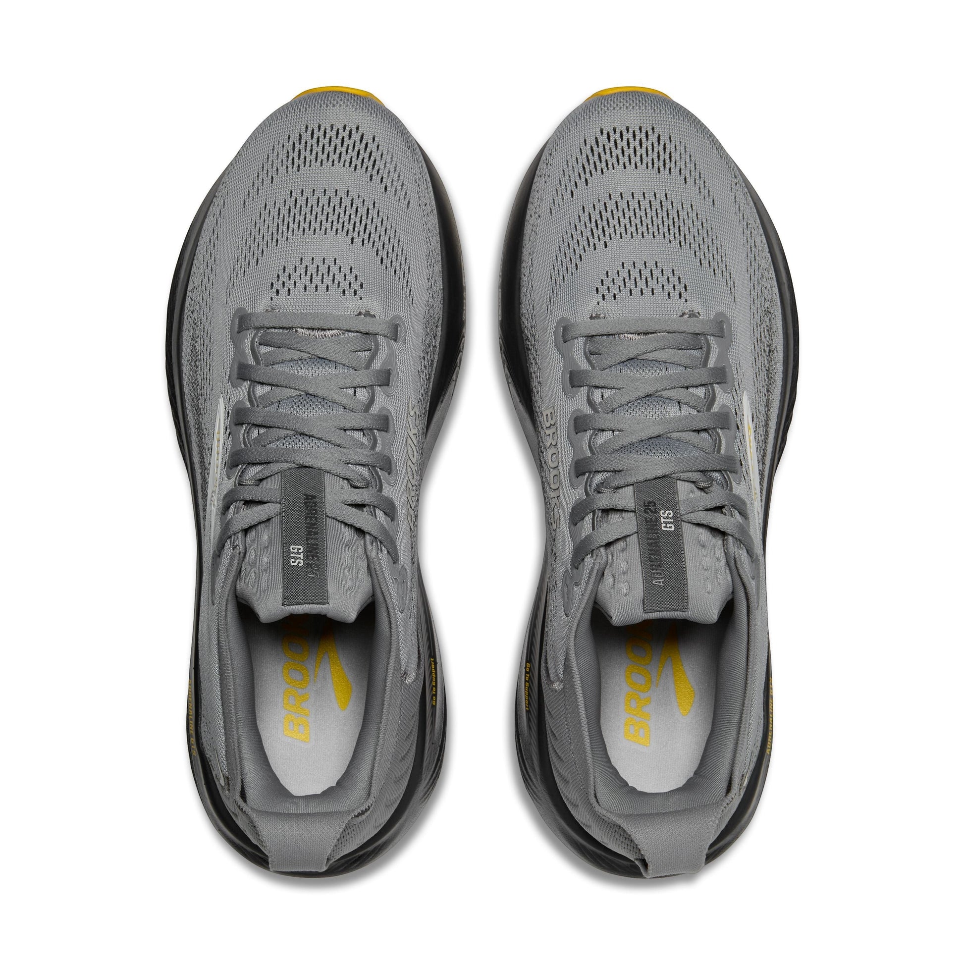 Allen's Bootery Brooks Adrenaline 25 running shoes in primer grey and ebony with yellow accents, top-down view.