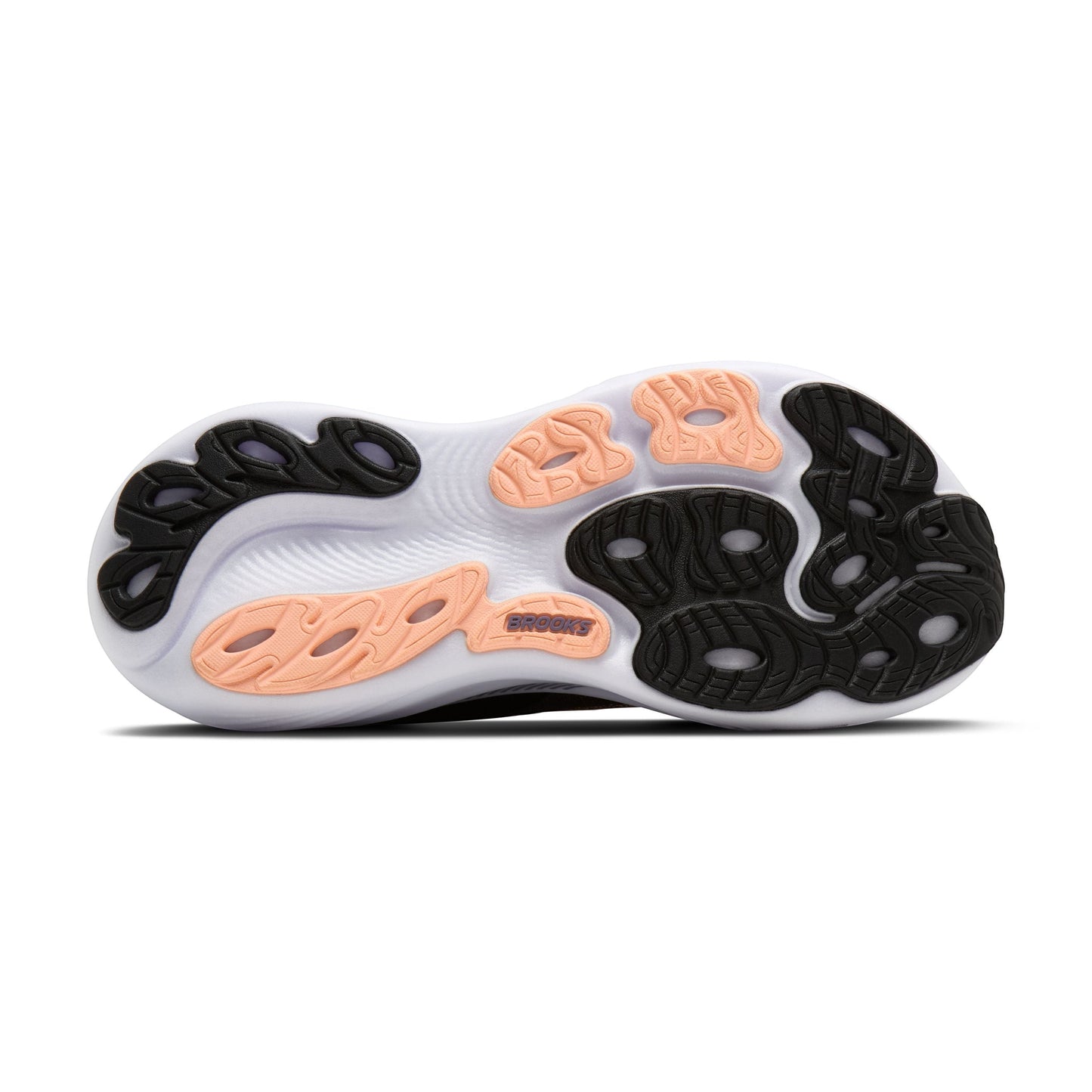 Allen's Bootery Brooks Adrenaline 25 running shoe outsole in black, peach, and white with durable traction pattern.