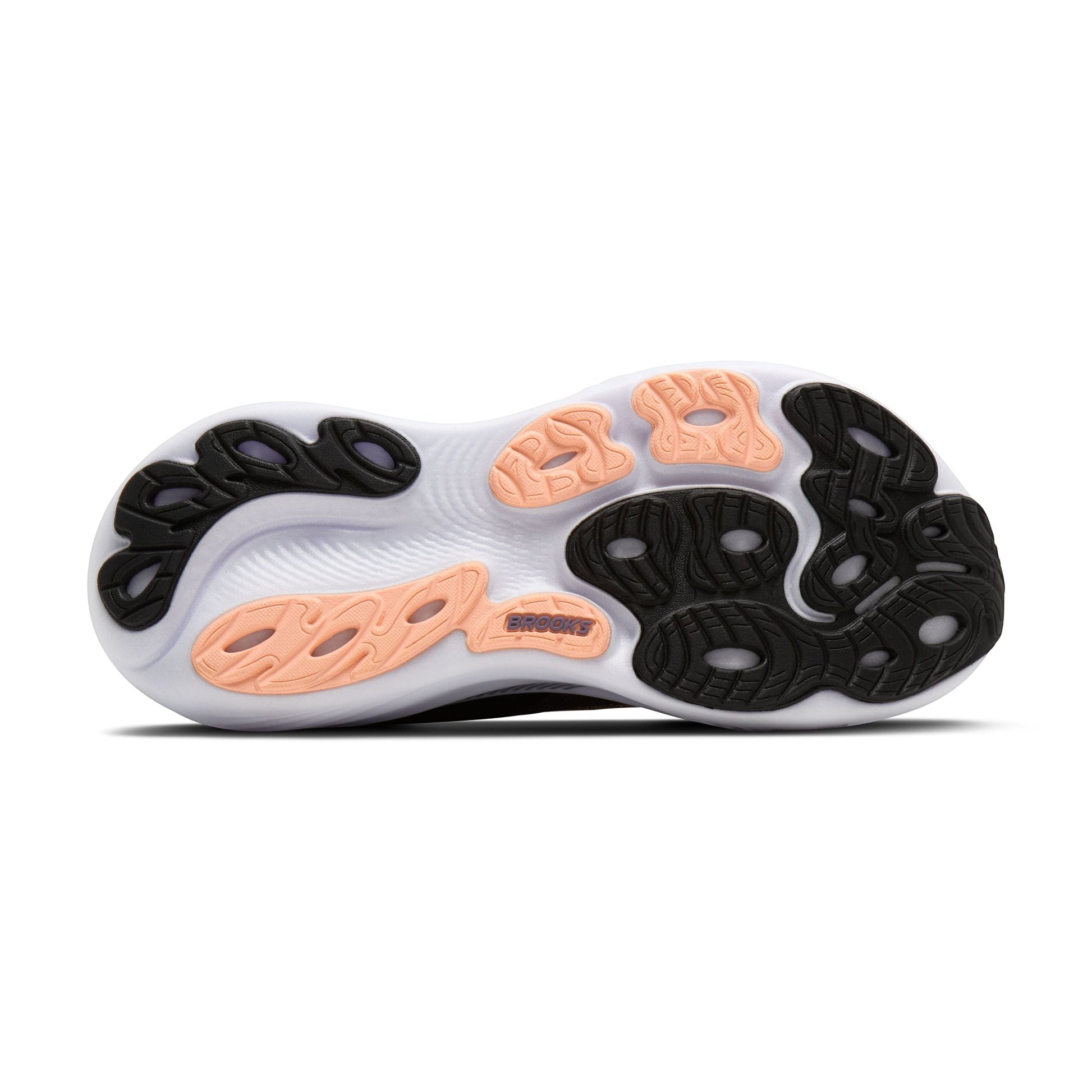 Allen's Bootery Brooks Adrenaline 25 running shoe outsole in black, peach, and white with durable traction pattern.