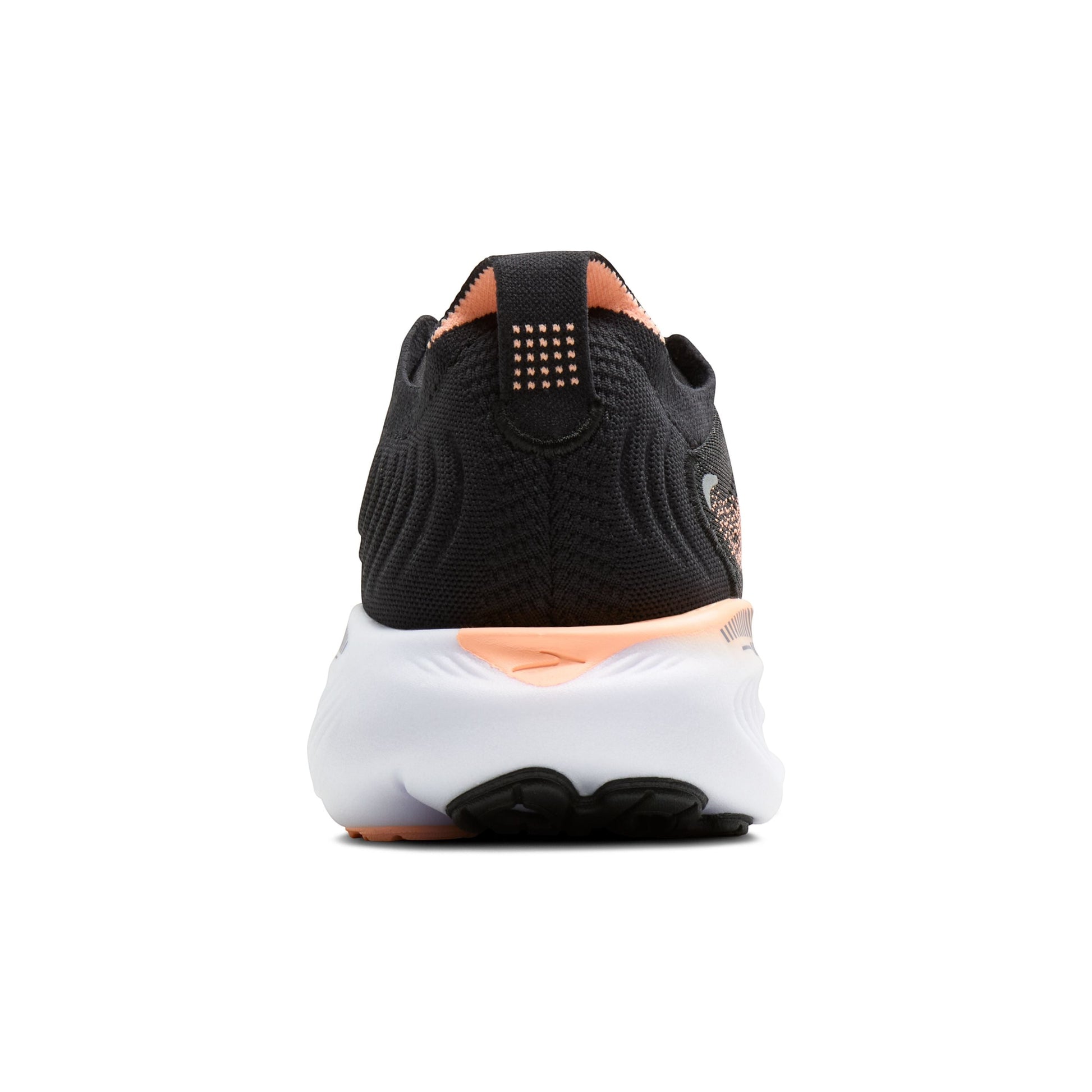 Rear view of Allen's Bootery Brooks Adrenaline 25 running shoe in black, peach, and mulled grape with white midsole.