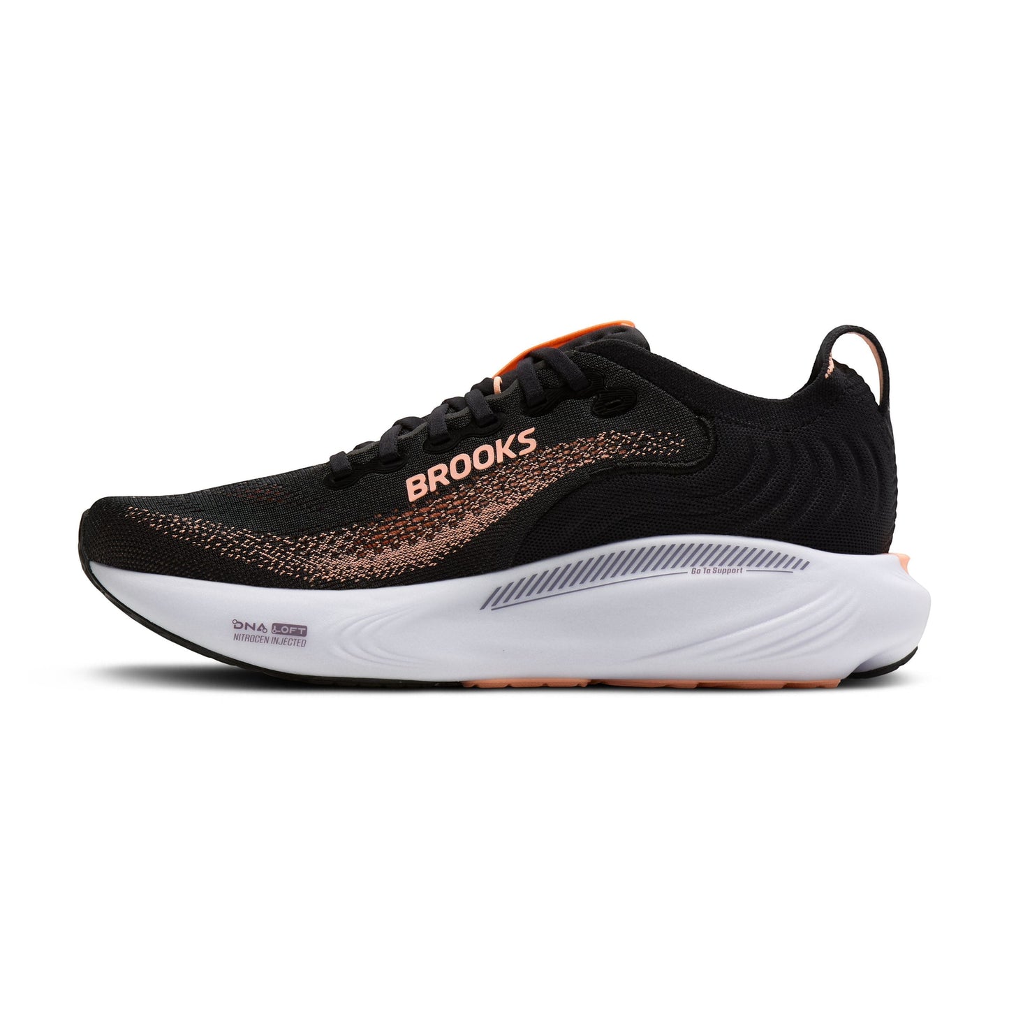 Allen's Bootery Brooks Adrenaline 25 women's road running shoe in black, peach, and mulled grape with cushioned sole.