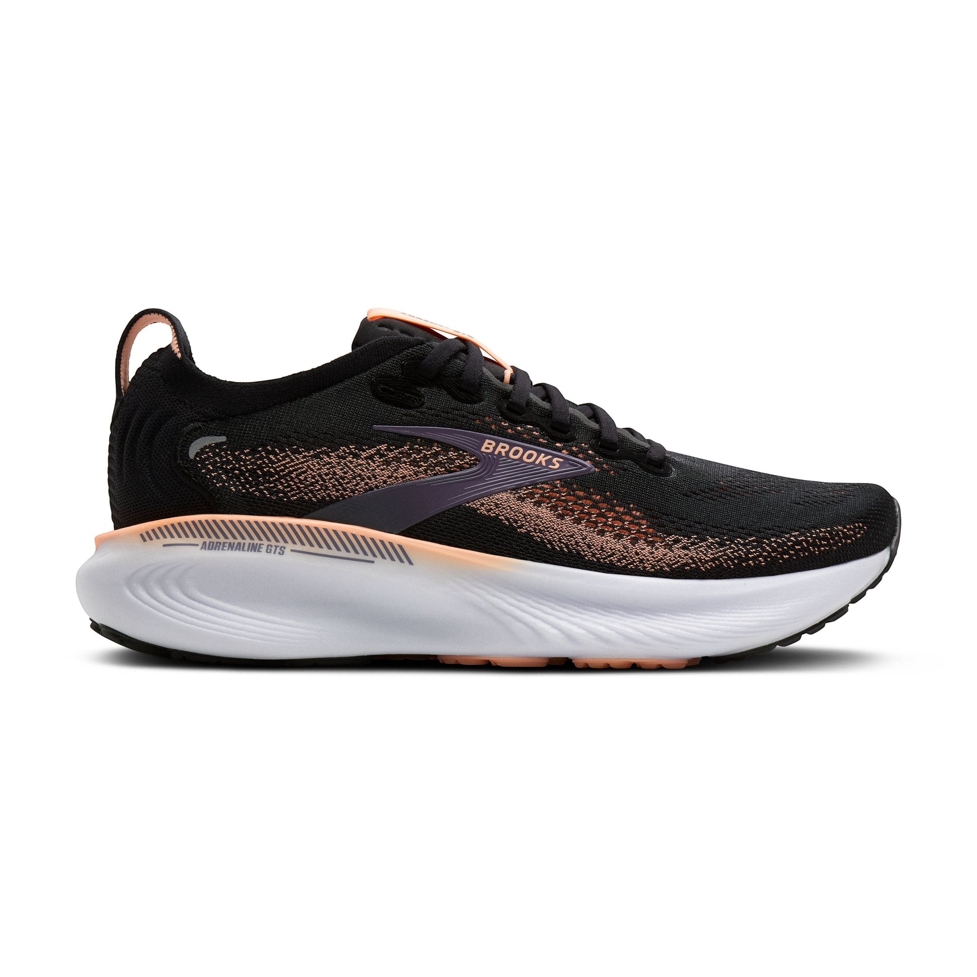 Allen's Bootery Brooks Adrenaline 25 women's road running shoe in black, peach, and mulled grape with supportive cushioning.