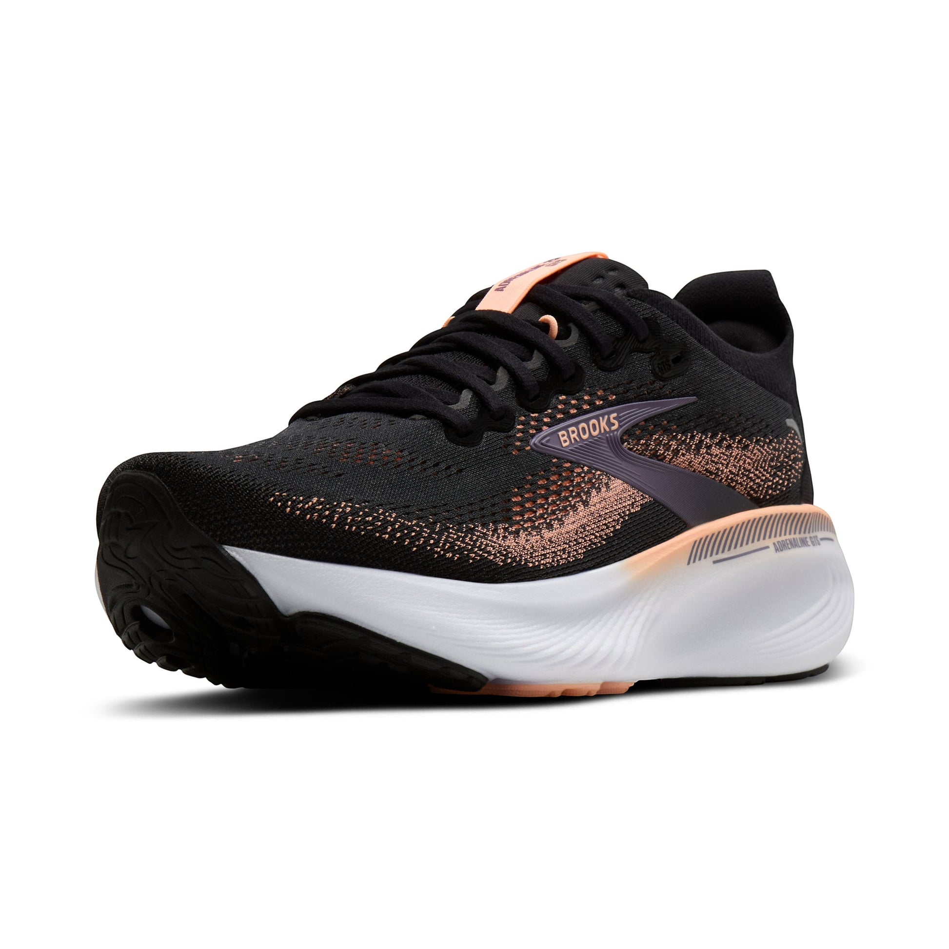 Allen's Bootery Brooks Adrenaline 25 women's running shoe in black, peach, and mulled grape with a cushioned sole.