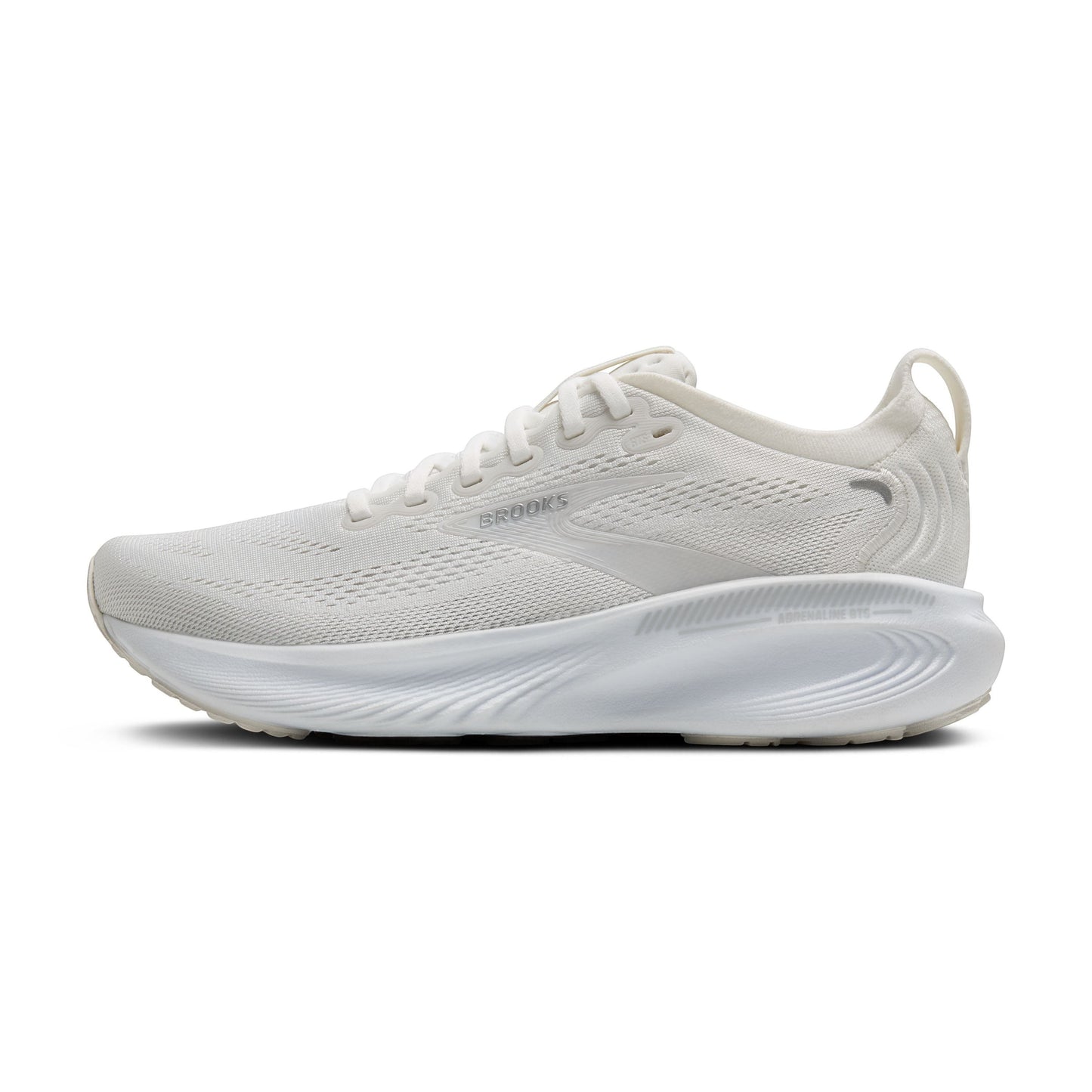 Allen's Bootery Brooks Adrenaline 25 women's road running shoe in white with silver accents and breathable mesh upper.