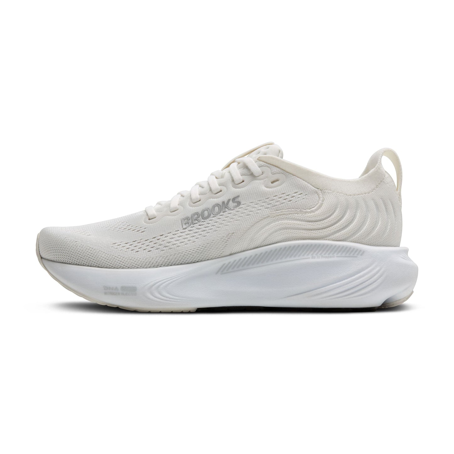Allen's Bootery Brooks Adrenaline 25 women's road running shoe in white with silver accents and breathable mesh upper