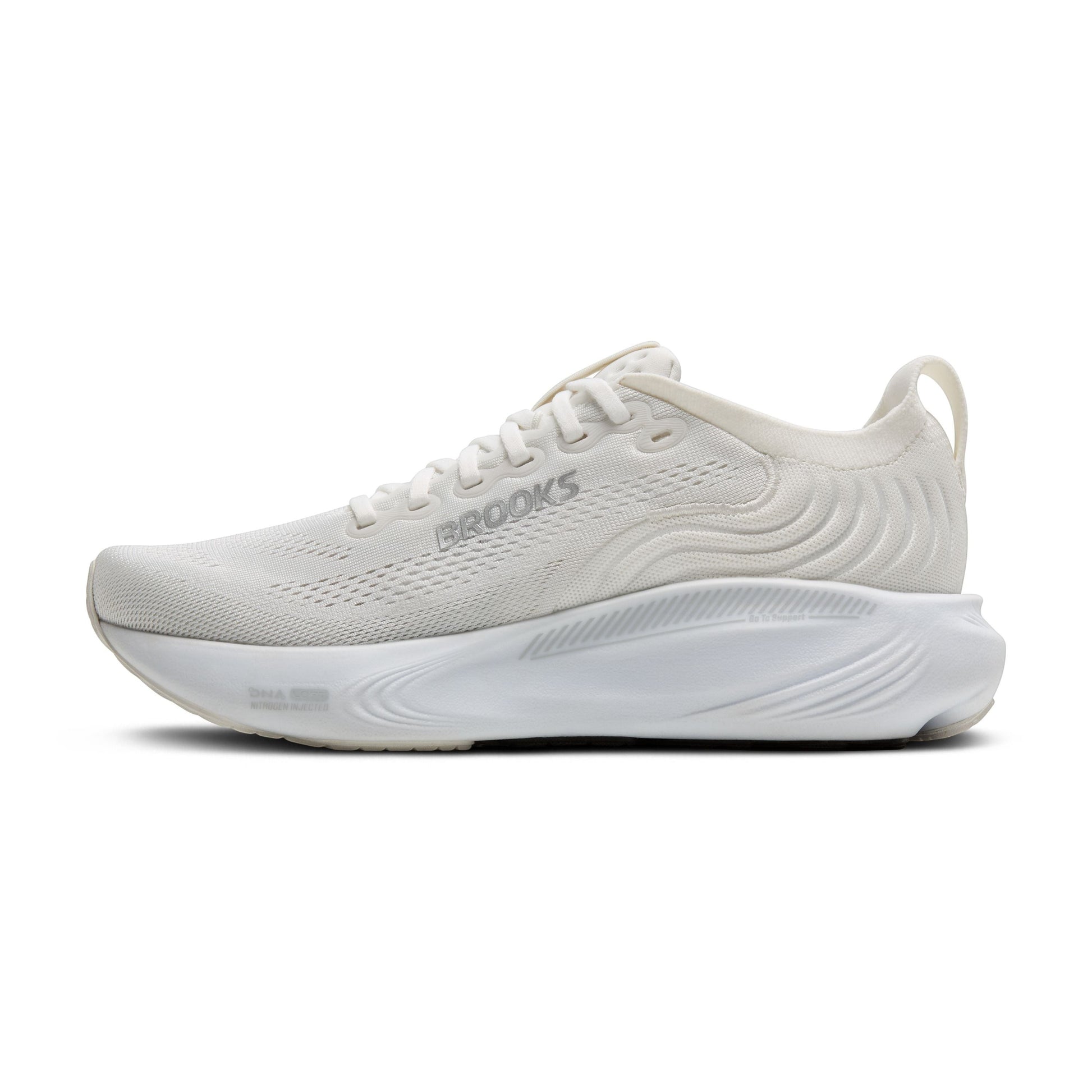 Allen's Bootery Brooks Adrenaline 25 women's road running shoe in white with silver accents and breathable mesh upper