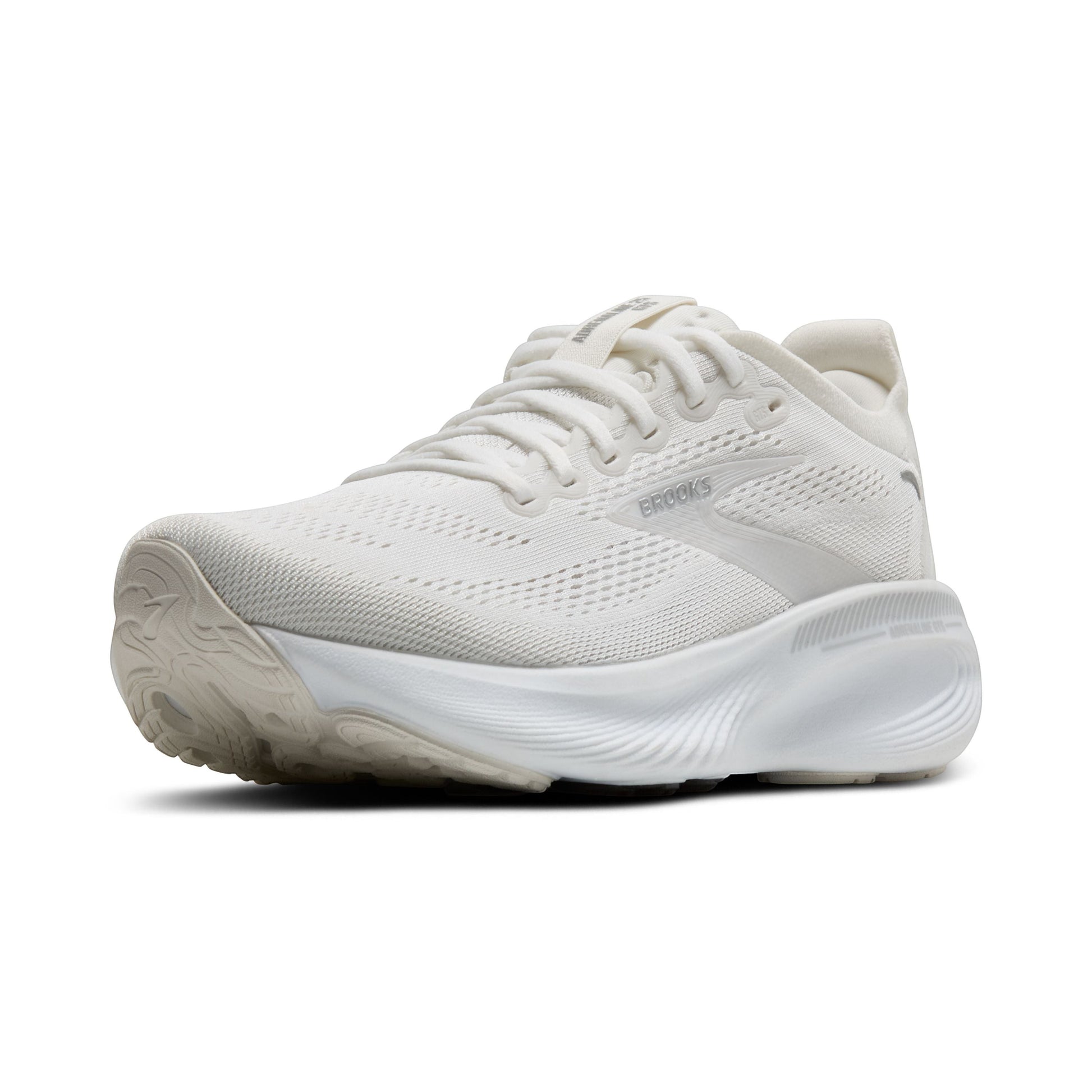 Allen's Bootery Brooks Adrenaline 25 women's road running shoe in white with silver accents and breathable mesh upper.