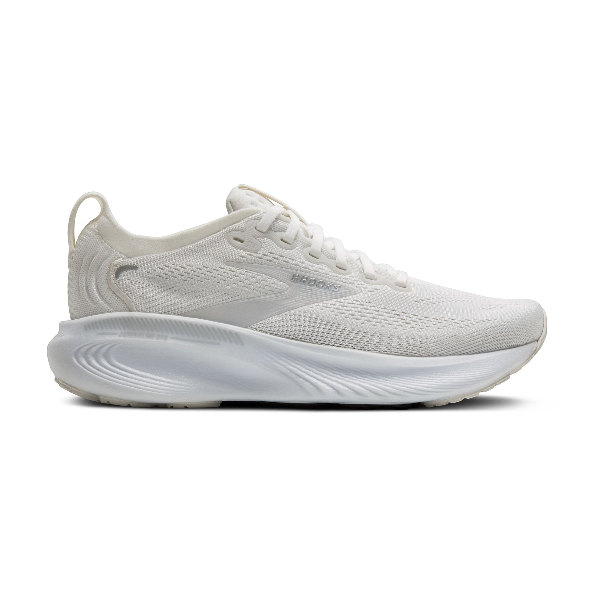 Allen's Bootery Brooks Adrenaline 25 women's road running shoe in white with silver accents and breathable mesh upper