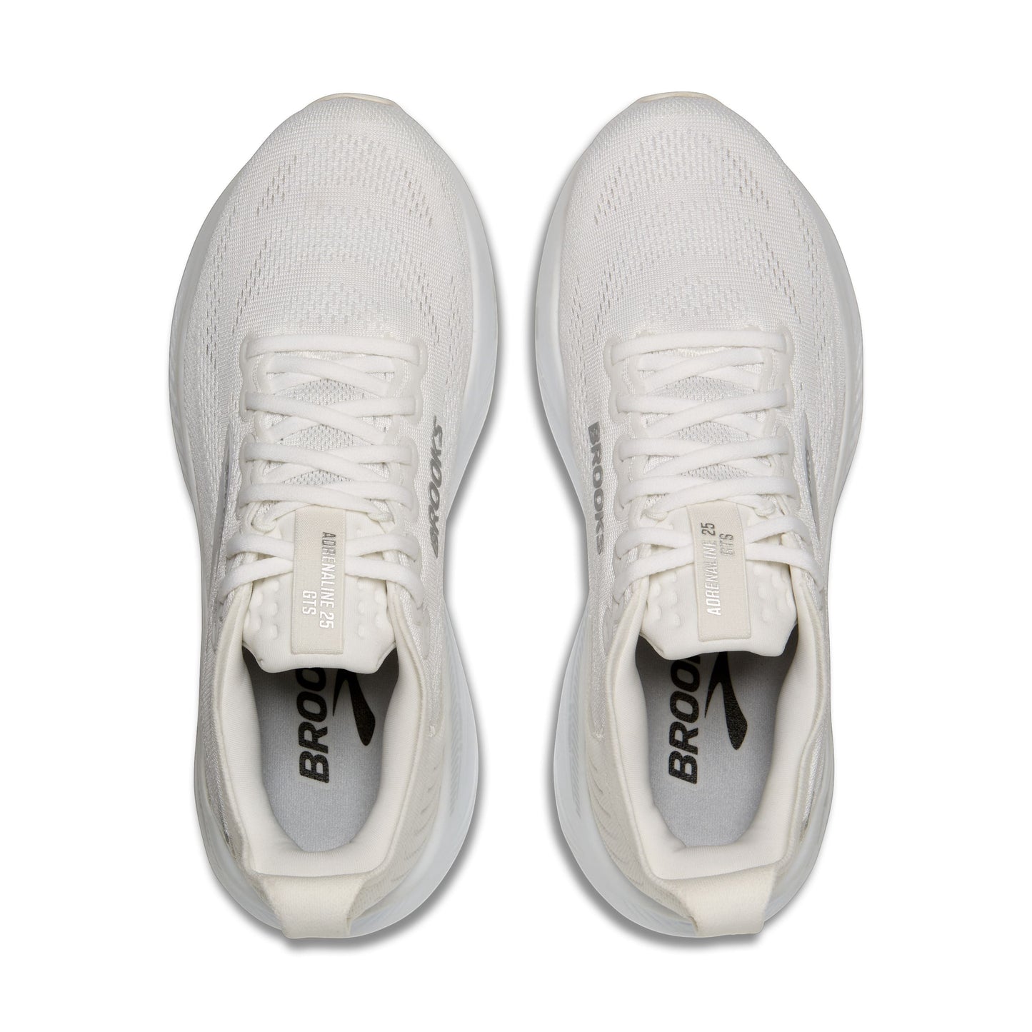 Allen's Bootery Brooks Adrenaline 25 women's running shoes in white and silver, top-down view of breathable trainers.