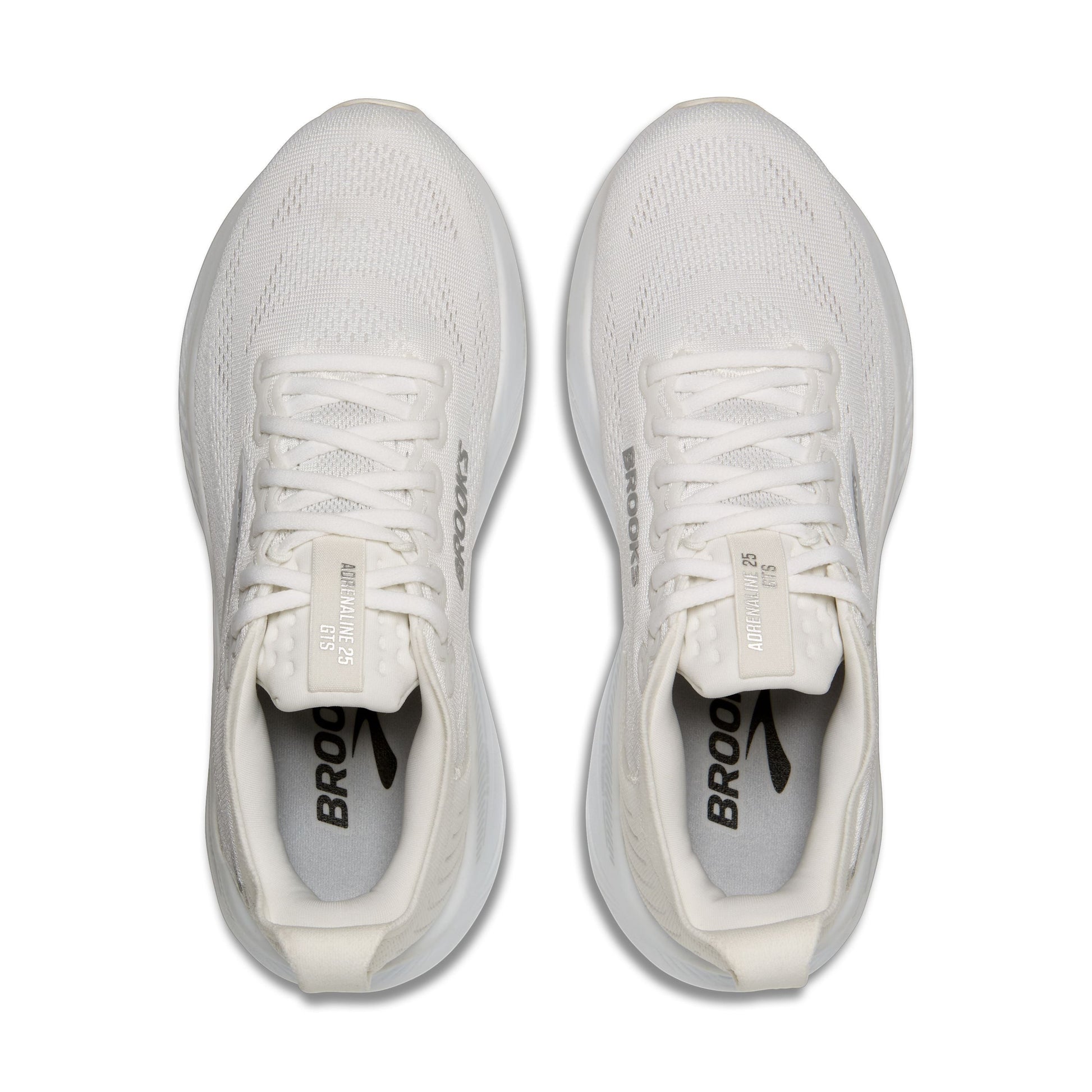 Allen's Bootery Brooks Adrenaline 25 women's running shoes in white and silver, top-down view of breathable trainers.
