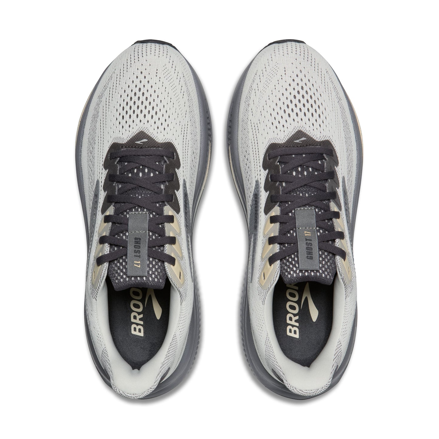 Allen's Bootery Brooks Ghost 17 neutral road running shoes in vaporous grey, primer, and sand with mesh upper.