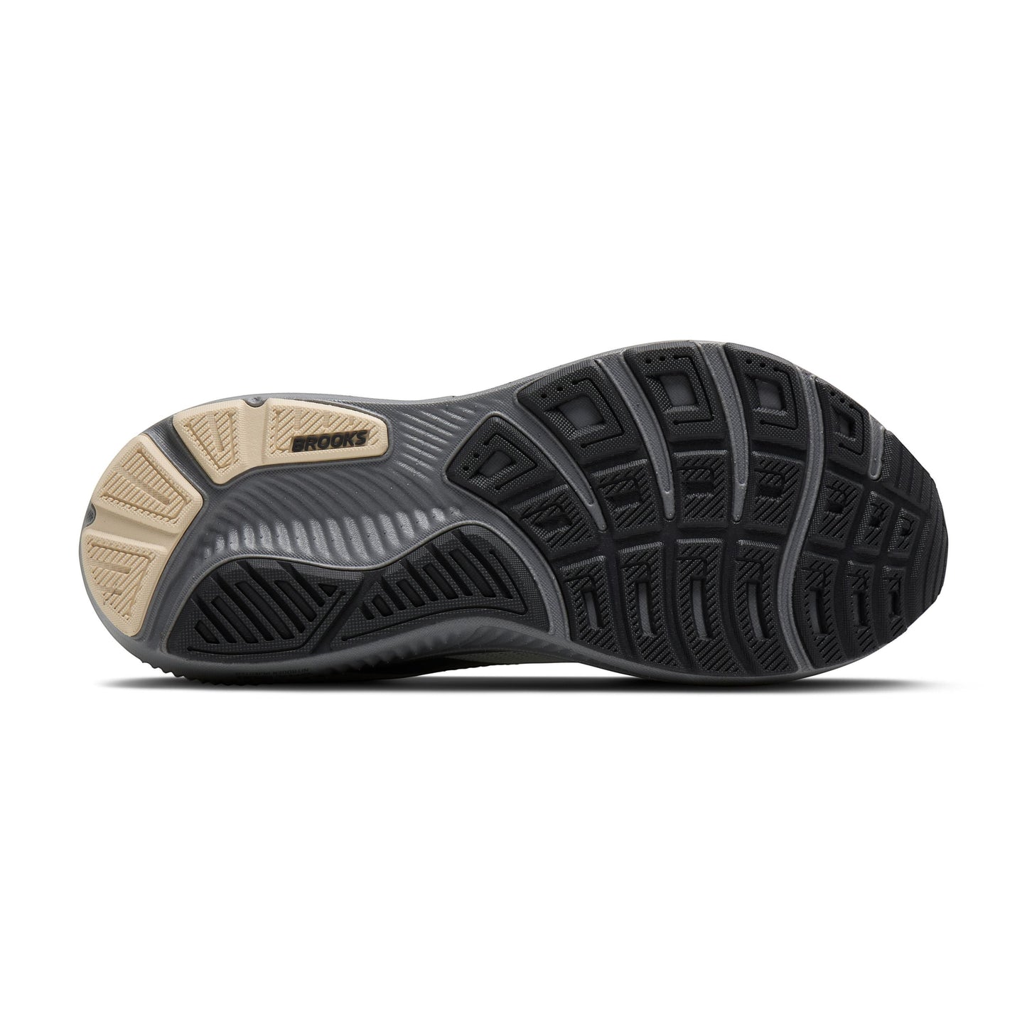 Allen's Bootery Brooks Ghost 17 running shoe outsole in vaporous grey and sand with durable black rubber traction tread.