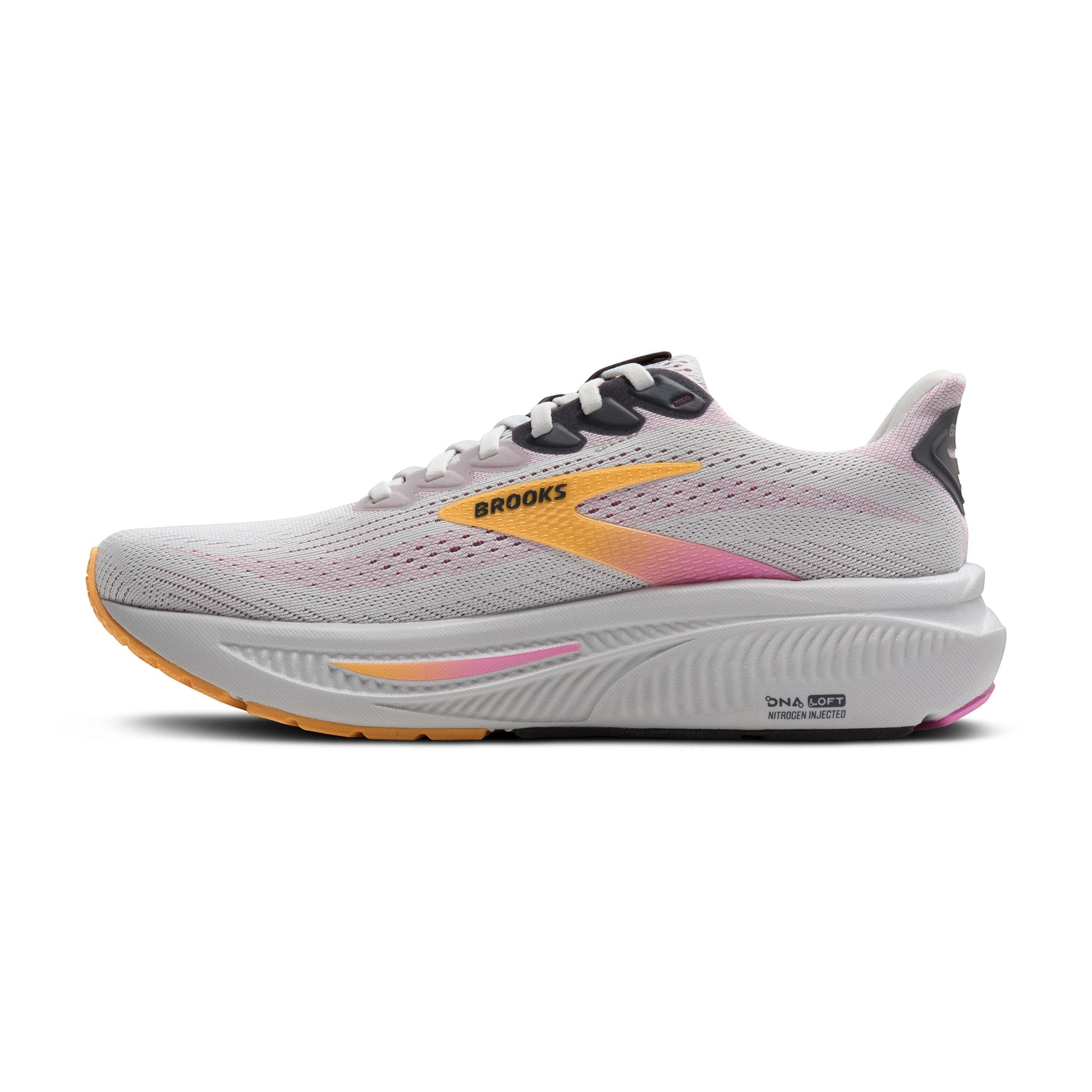 Allen's Bootery Brooks Ghost 17 women's neutral road running shoe in oyster, apricot, and pink with DNA LOFT cushioning.