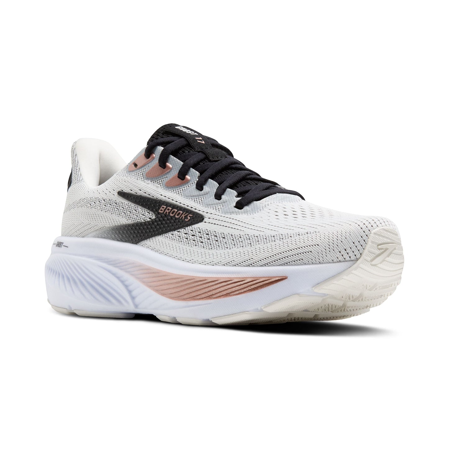 Allen's Bootery Brooks Ghost 17 women's neutral road running shoe in white, black, and rose gold with cushioned sole.
