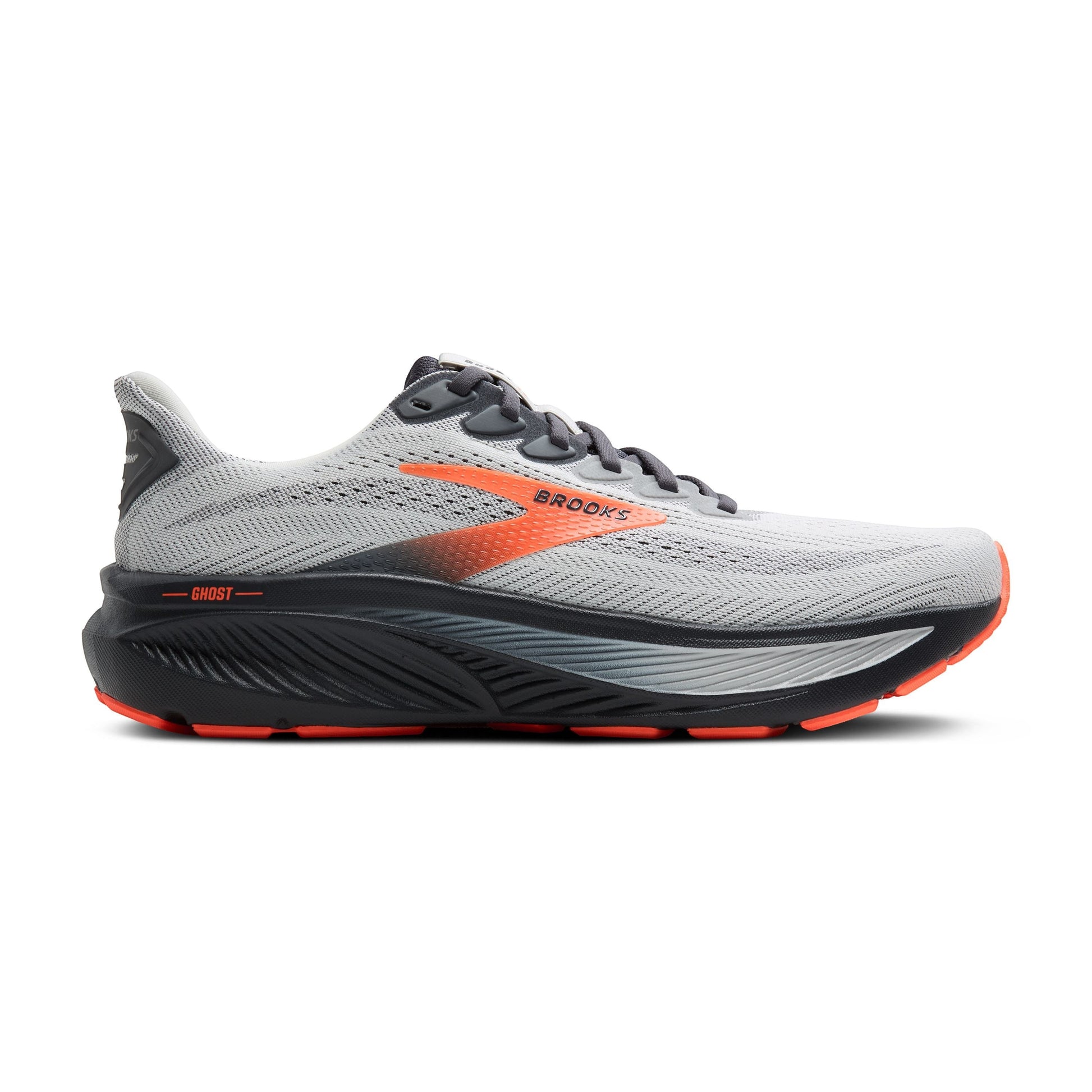 Allen's Bootery Brooks Ghost 17 neutral road running shoe in oyster mushroom grey with orange accents and ebony sole.