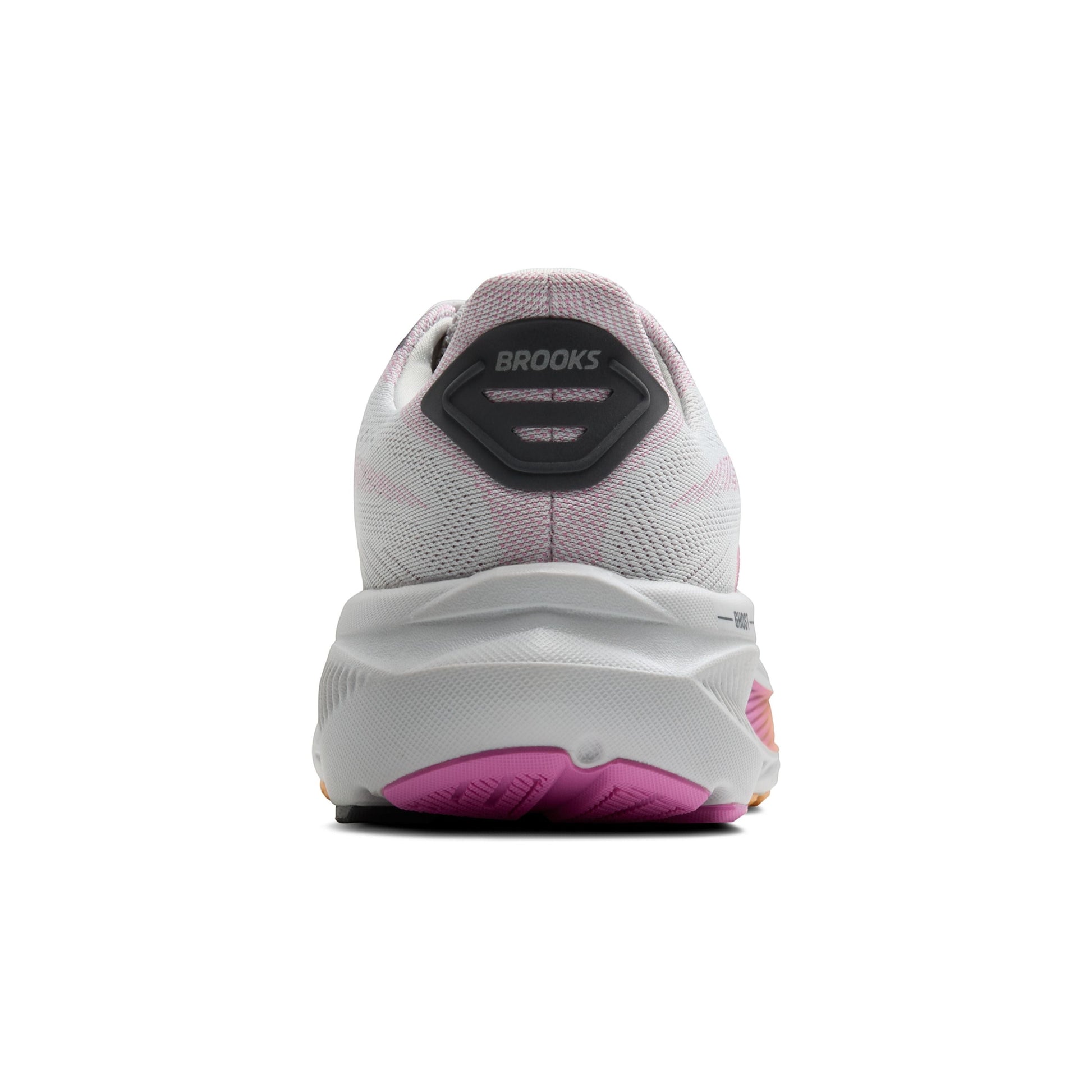 Allen's Bootery Brooks Ghost 17 neutral road running shoe in oyster, apricot, and pink, rear view showing heel cushioning.