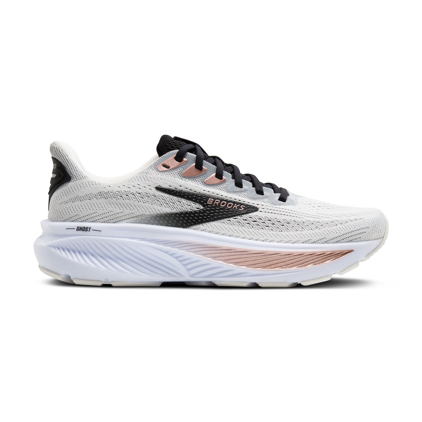 Allen's Bootery Brooks Ghost 17 women's neutral road running shoe in white, black, and rose gold with cushioned sole.