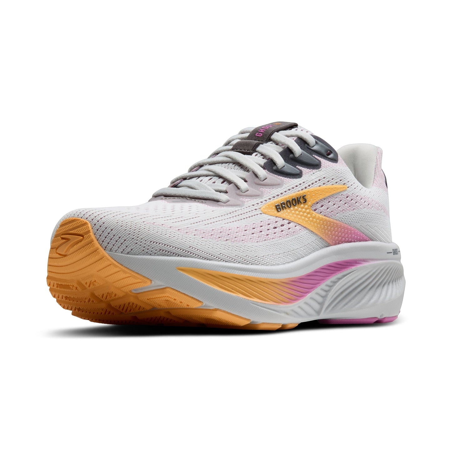 Allen's Bootery Brooks Ghost 17 women's neutral road running shoe in oyster, apricot, and pink with cushioned midsole.