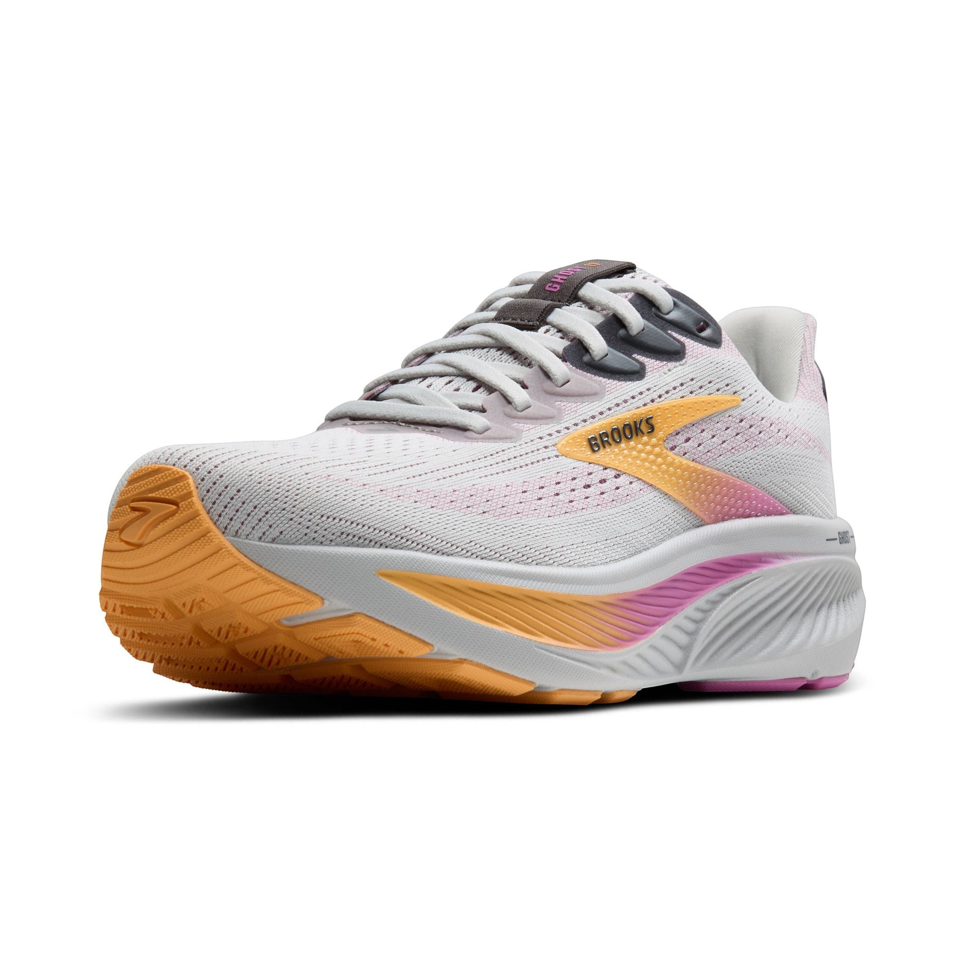 Allen's Bootery Brooks Ghost 17 women's neutral road running shoe in oyster, apricot, and pink with cushioned midsole.