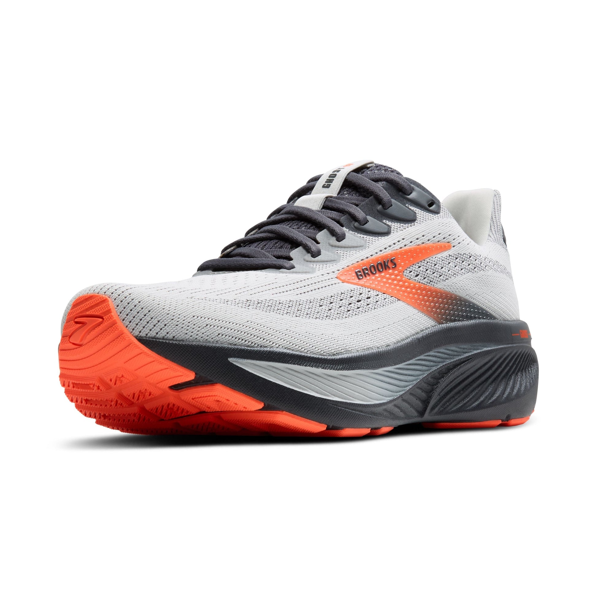 Allen's Bootery Brooks Ghost 17 neutral road running shoe in oyster mushroom, orange, and ebony with mesh upper.
